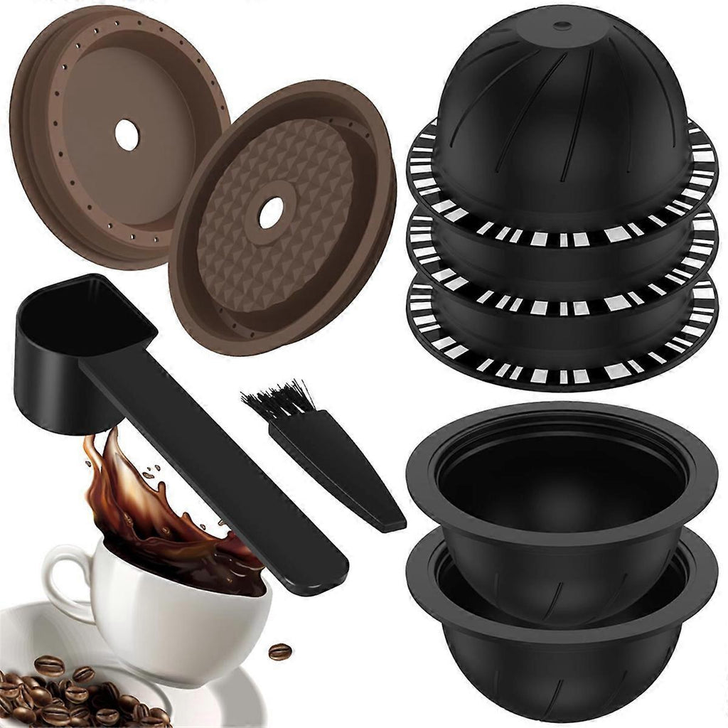 5Pcs Reusable Vertuo Coffee Pods with 2 Silicone Lids Spoon and Cleaning Brush