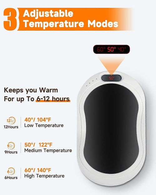 10000mAh Rechargeable Hand Warmer & Power Bank - 2-Sided Heating, Portable USB