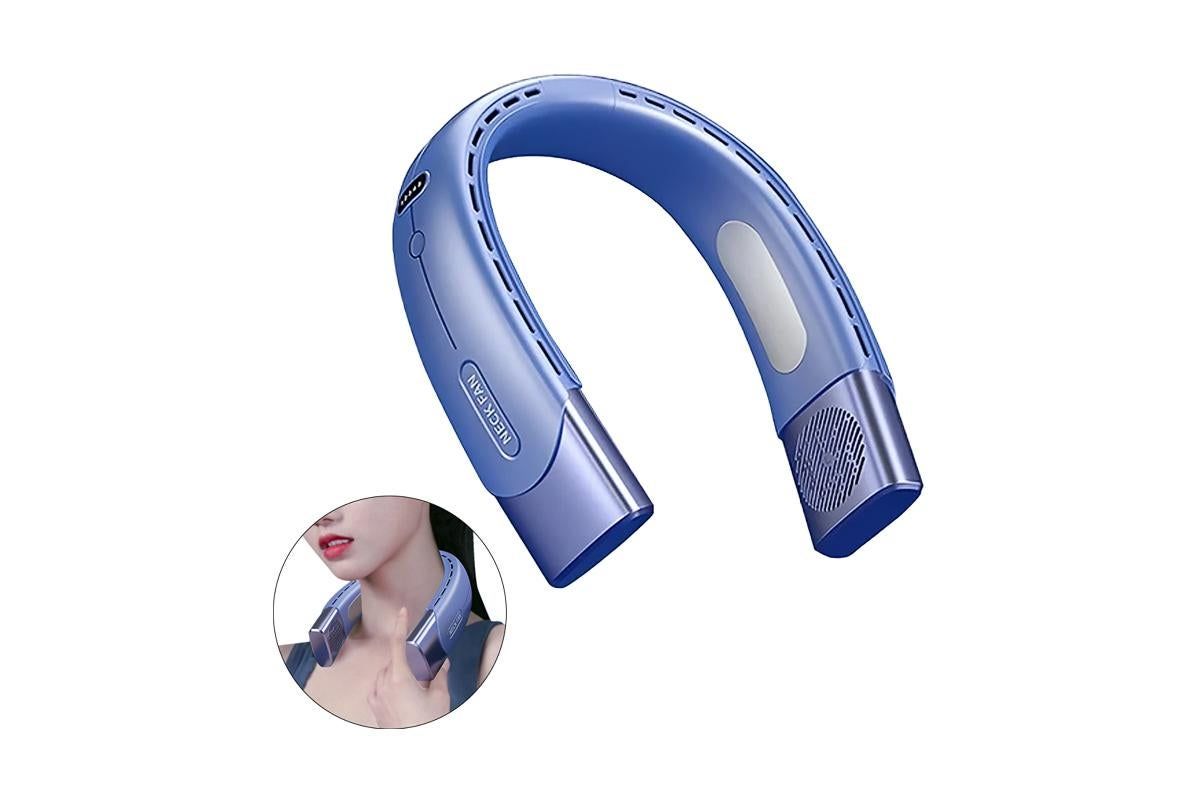 Hanging Neck Fan Wearable Bladeless Fan USB Rechargeable Cooling Fan with 5 Speed Adjustment Blue