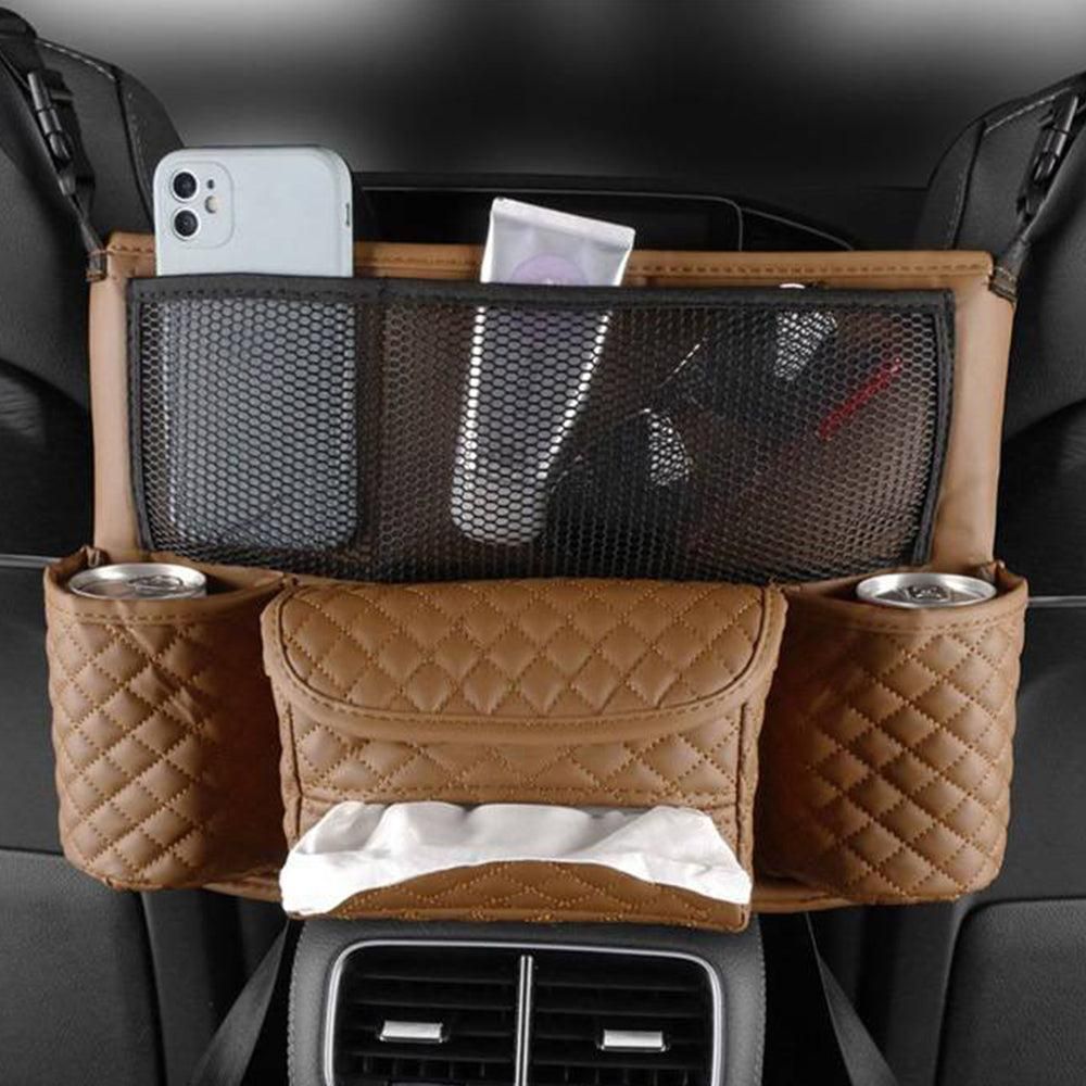 Car Handbag Purse Holder Between Seats Car Consoles Storage Bag Auto Seat Barrier-Brown