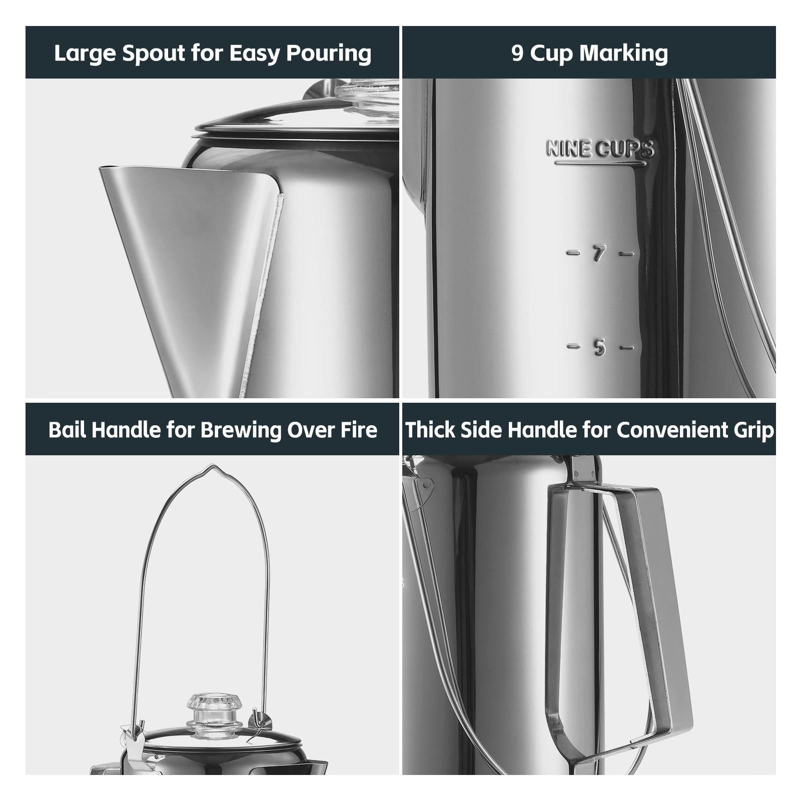1.2L 9-Cup Stainless Steel Camping Percolator Coffee Pot Stovetop Coffee Maker 1Pc