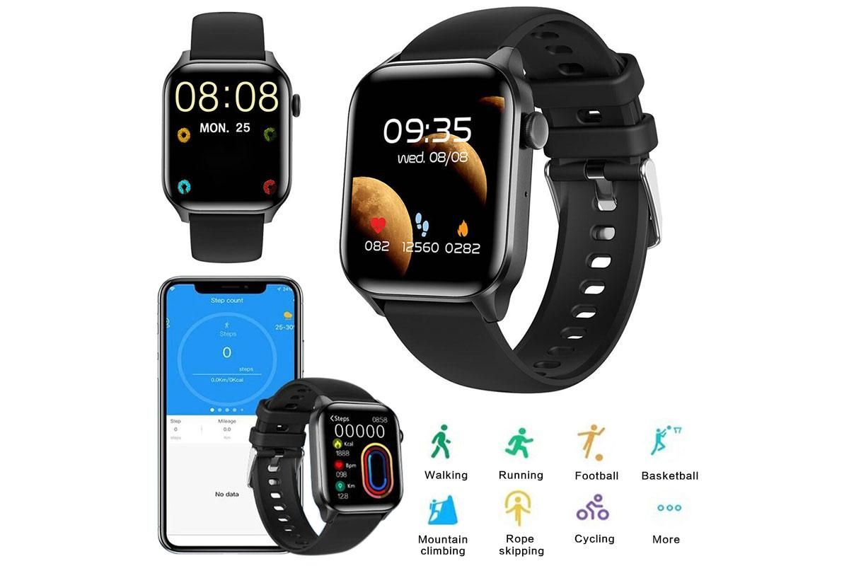 2Pcs Smart Watch Water-Resistant Smartwatch Heart Rate Fitness Tracker-Black