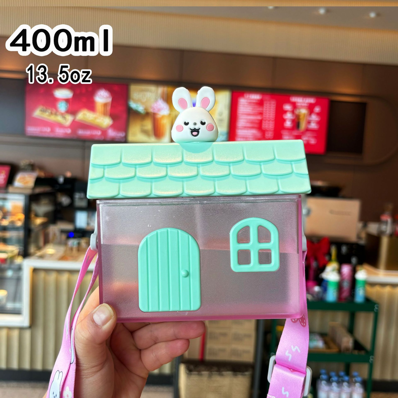 Kids Straw Cup 400ml House Shape Portable Water Bottle Strap Pink Bunny
