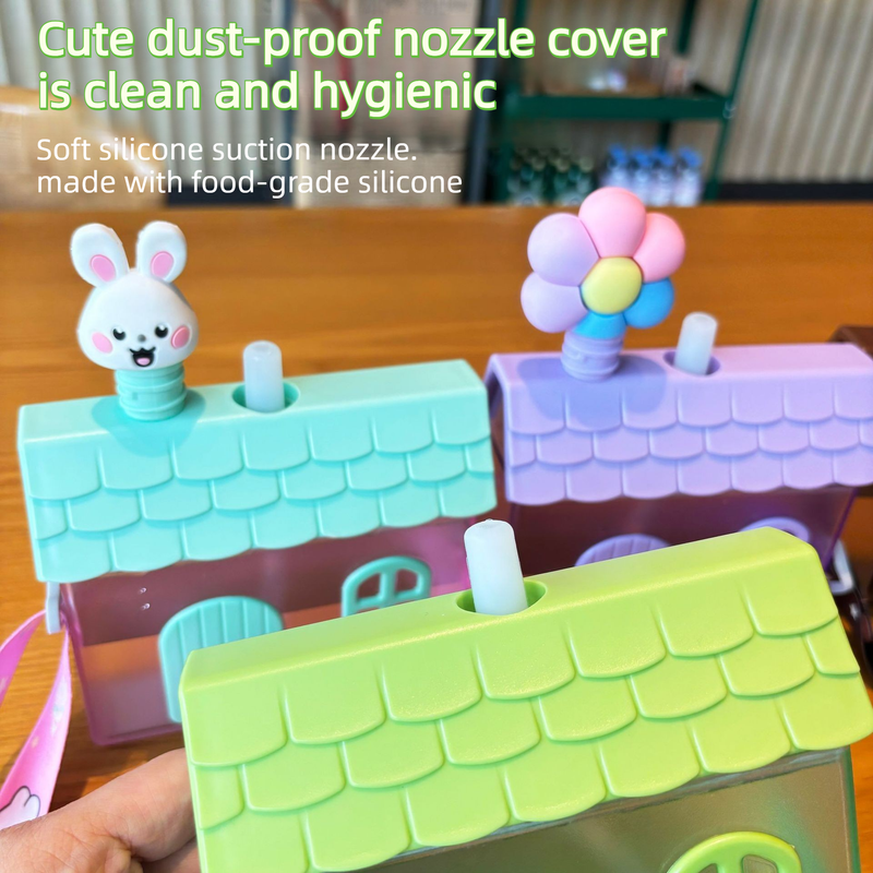 Kids Straw Cup 400ml House Shape Portable Water Bottle Strap Pink Bunny