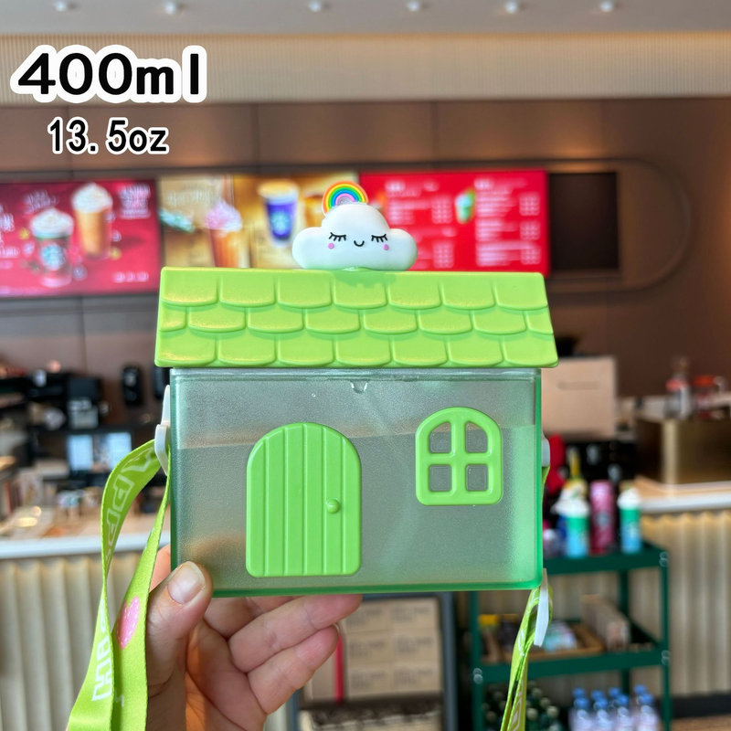 Kids Straw Cup 400ml House Shape Portable Water Bottle Strap Green Rainbow
