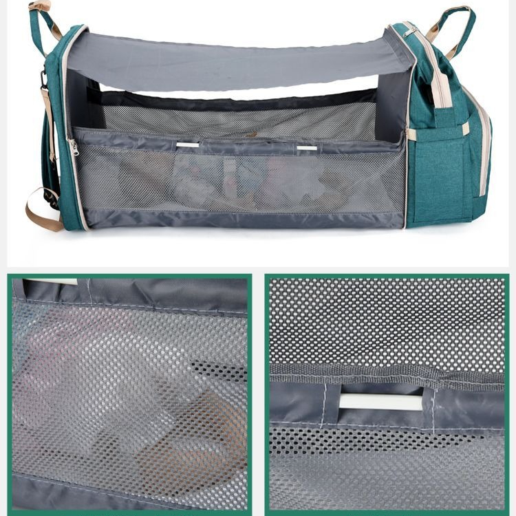 Convertible Baby Bed Diaper Backpack, Waterproof Oxford Multifunction Mommy Bag, 3-Way Hand/Shoulder/Backpack for Travel and Outdoor Use - Green