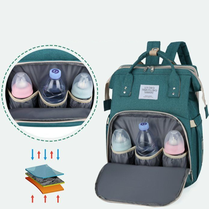 Convertible Baby Bed Diaper Backpack, Waterproof Oxford Multifunction Mommy Bag, 3-Way Hand/Shoulder/Backpack for Travel and Outdoor Use - Green