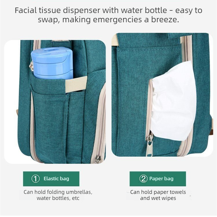 Convertible Baby Bed Diaper Backpack, Waterproof Oxford Multifunction Mommy Bag, 3-Way Hand/Shoulder/Backpack for Travel and Outdoor Use - Green