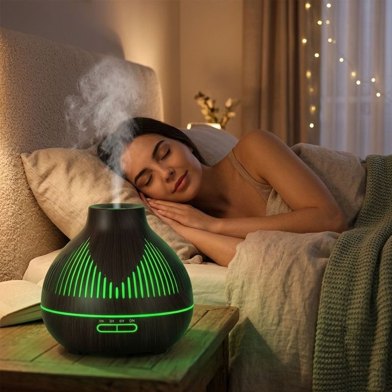 (2-Pack) 500mL Wood-Grain Ultrasonic Diffuser and Humidifier, 7-Color LED Night Light with Timer, for Home, Bedroom, or Office (10–30㎡) – Dark Wood