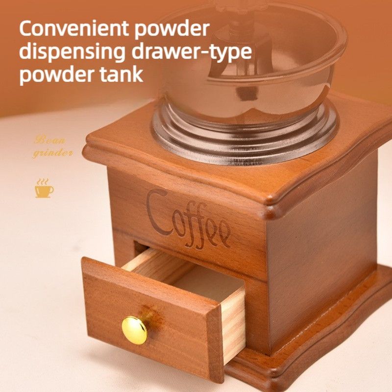 Vintage Wooden Hand Coffee Grinder, Manual Coffee Bean Mill with Ceramic Burr for Home Use—Light Brown