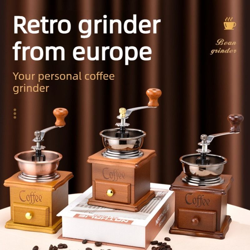 Vintage Wooden Hand Coffee Grinder, Manual Coffee Bean Mill with Ceramic Burr for Home Use—Light Brown