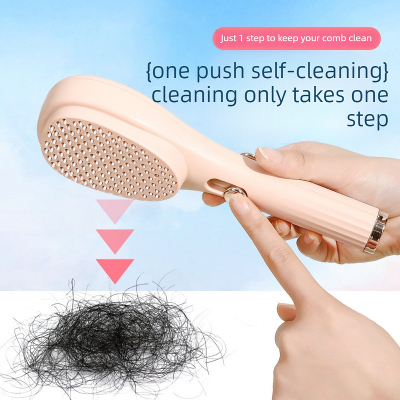 One-Click Self-Clean Retractable Massage Air Cushion Comb, Anti-Static Detangling Hair Brush for Scalp Care & Lifting—Pink