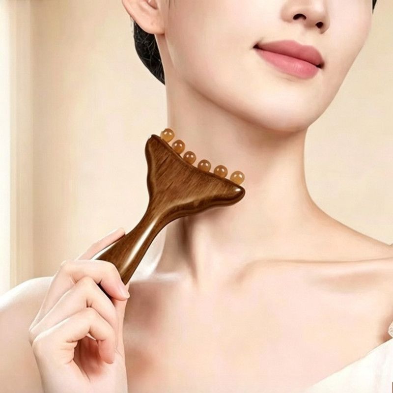 Red Sandalwood Gua Sha Facial Massager Horn Beads Lifting Meridian Stick