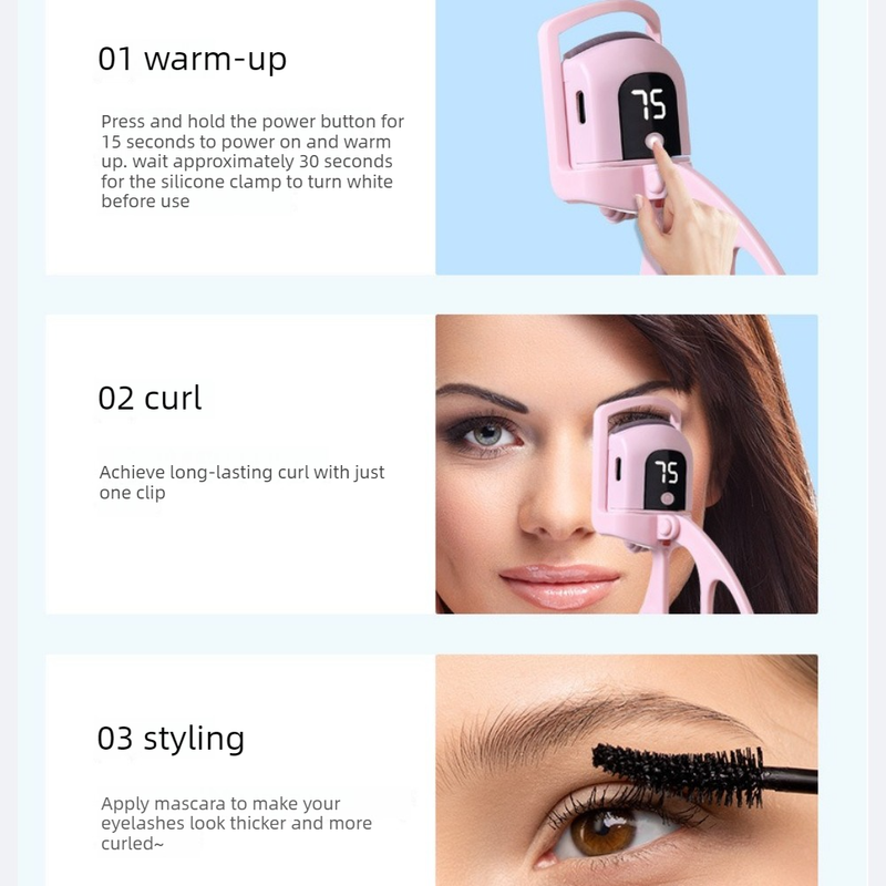 Digital 3-Temperature Heated Eyelash Curler, USB-Rechargeable, Portable, Long-Lasting Lash Curling Tool—Pink