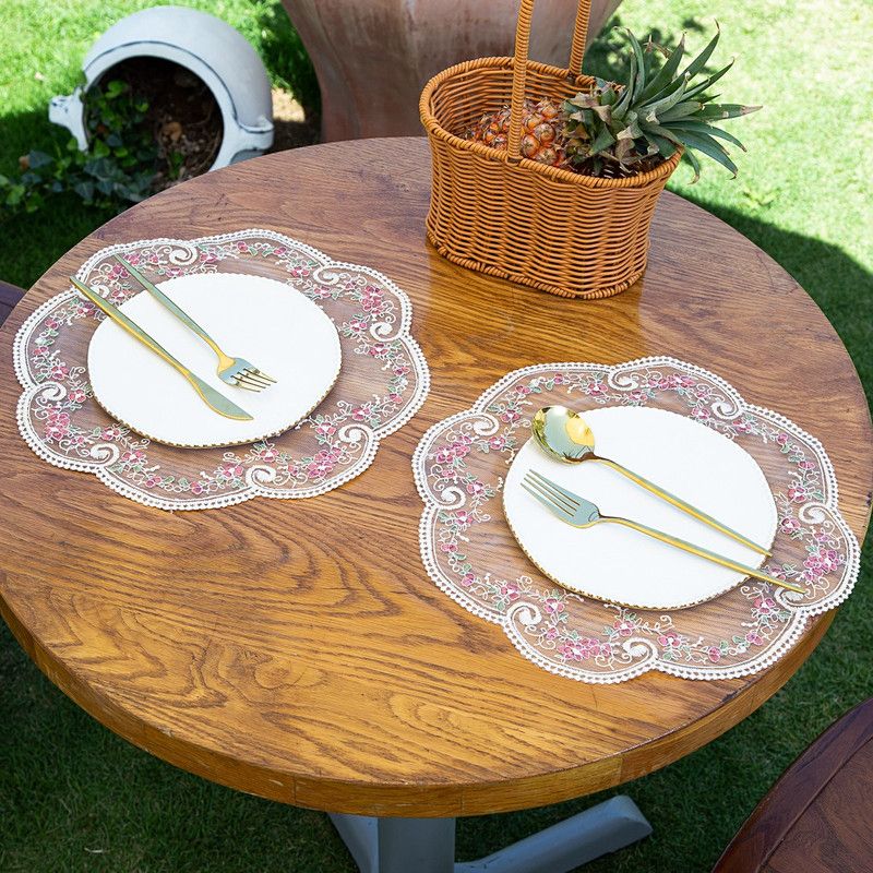 4 Pack French Floral Embroidered Lace Placemats, Vintage Country Style Sheer Mesh Doily Table Decor Coaster