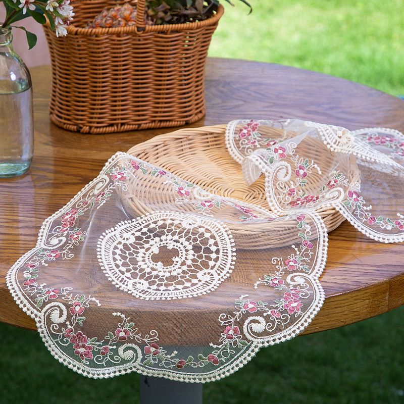 4 Pack French Floral Embroidered Lace Placemats, Vintage Country Style Sheer Mesh Doily Table Decor Coaster