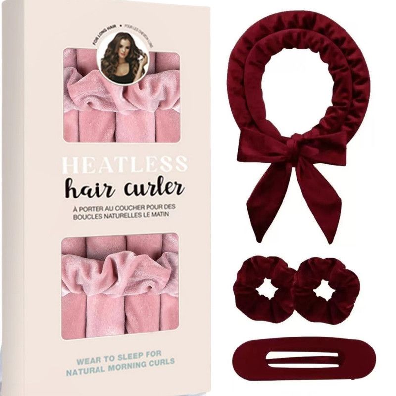 Velvet Heatless Hair Curlers Set, Overnight No-Heat Curling Ribbon with Scrunchies & Hair Clip - Red