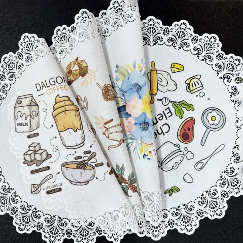 2-Pack Round PVC Lace Coffee-Printed Placemats, Waterproof, Oil-Resistant, Heat-Insulating, Non-Slip Table Mats - Hand-Painted Design