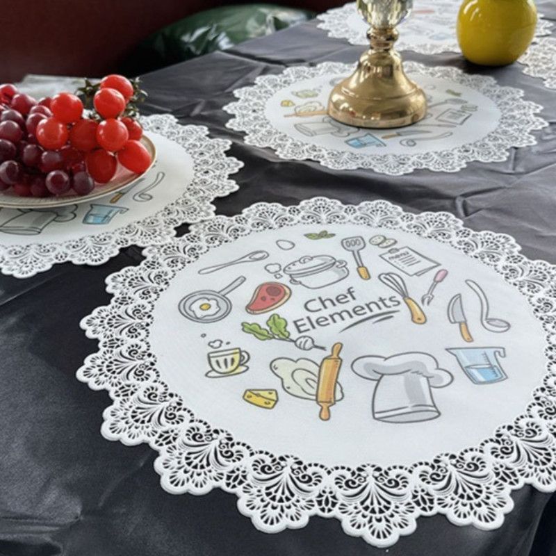 2-Pack Round PVC Lace Coffee-Printed Placemats, Waterproof, Oil-Resistant, Heat-Insulating, Non-Slip Table Mats - Hand-Painted Design