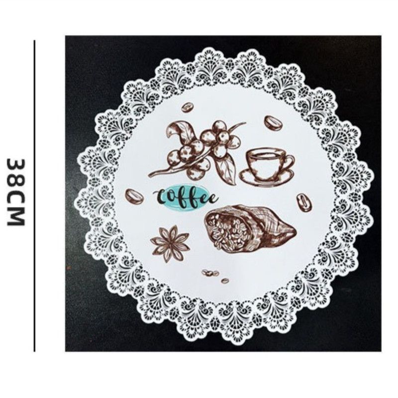 2-Pack Round PVC Lace Coffee-Printed Placemats, Waterproof, Oil-Resistant, Heat-Insulating, Non-Slip Table Mats - Coffee Design