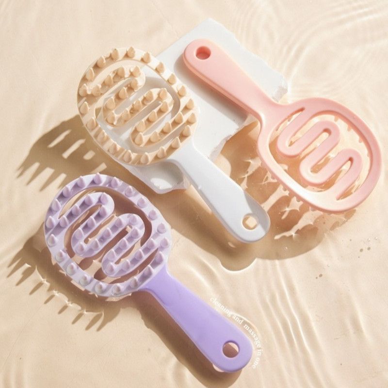 Long-Handled Hollow Hair Shampoo Brush, TPR Soft-Bristle Scalp Massager, for Wet & Dry Hair—White
