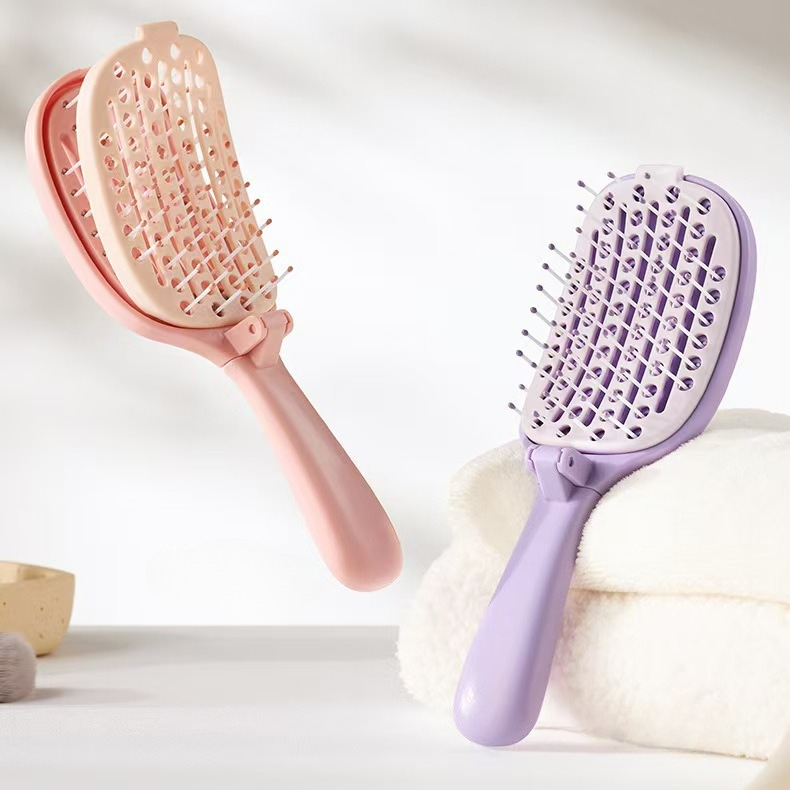 Self-Cleaning Foldable Vent Hair Brush, Portable Detachable Volumizing Scalp Massage Comb—Purple