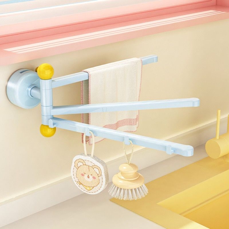 Suction-Mounted Rotatable Towel Rack, Multi-Foldable Kitchen Dishcloth Holder, Multi-Purpose Bathroom Storage Hanger—Blue