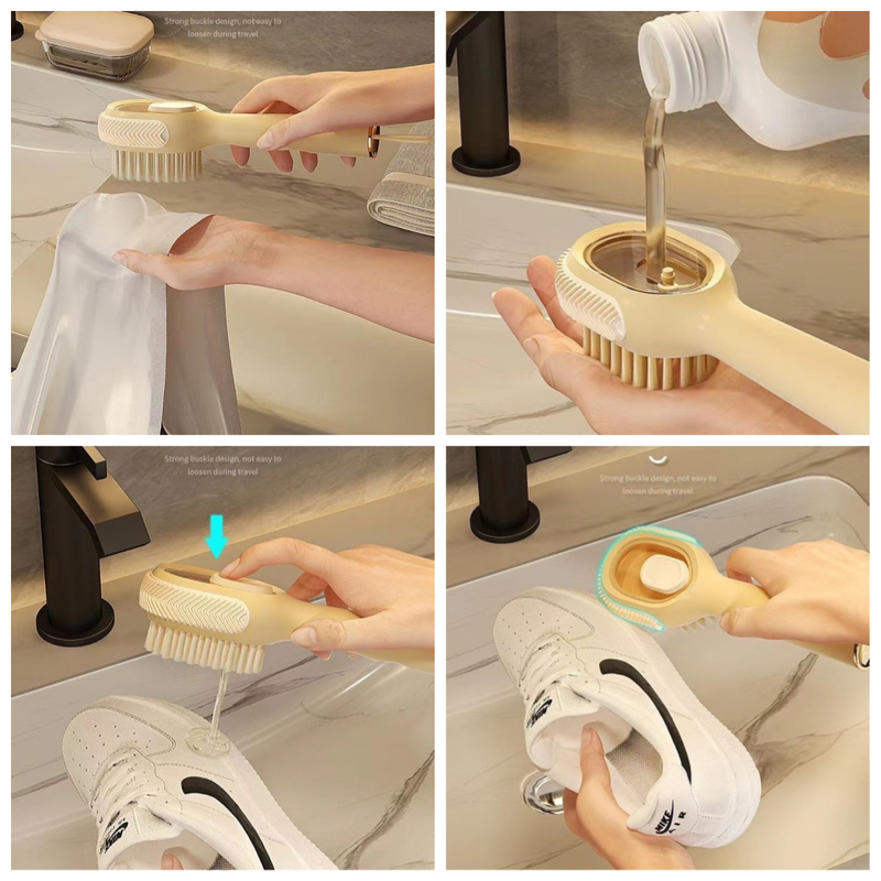 Refillable Liquid Shoe Brush, Soft-Bristle Press-Discharge Laundry Brush for Cleaning Shoes and Clothes—Yellow