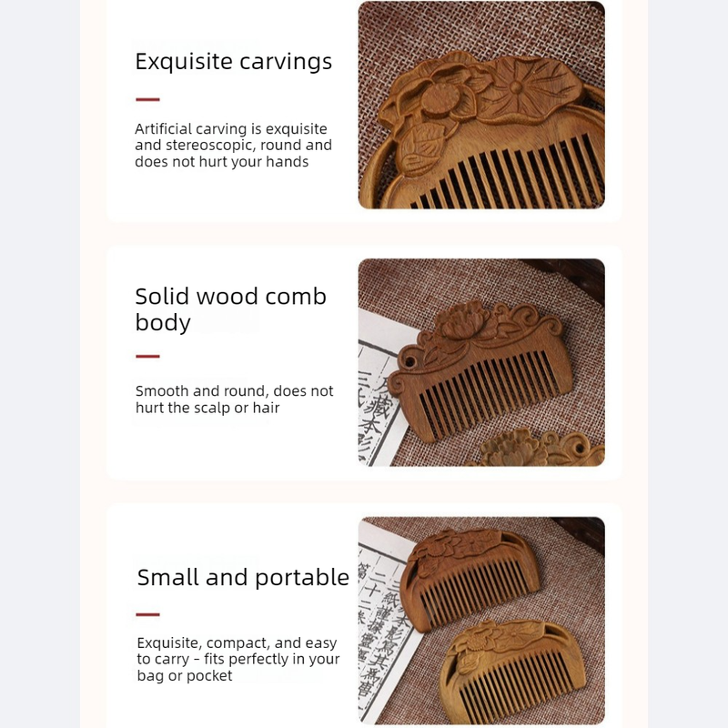 8cm Mini Carved Sandalwood Comb, Vintage Reishi Mushroom 3D Engraved Portable Anti-Static Wooden Scalp Massage Comb