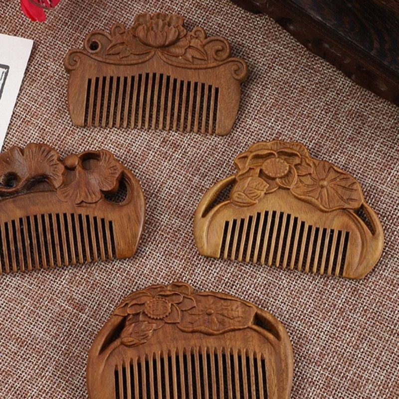8cm Mini Carved Sandalwood Comb, Vintage Reishi Mushroom 3D Engraved Portable Anti-Static Wooden Scalp Massage Comb
