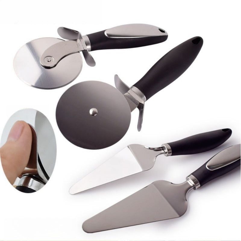 2Pcs Pizza Baking Tool Set, 8cm Stainless Steel Guard Pizza Cutter Wheel & Triangular Cheese Spatula