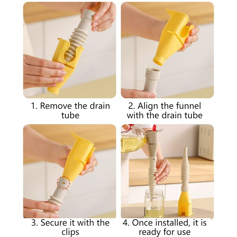 Bendable Silicone Long Oil Funnel, Clip-On Universal Oil Dispenser, Multi-Purpose Kitchen Transfer Funnel—Yellow