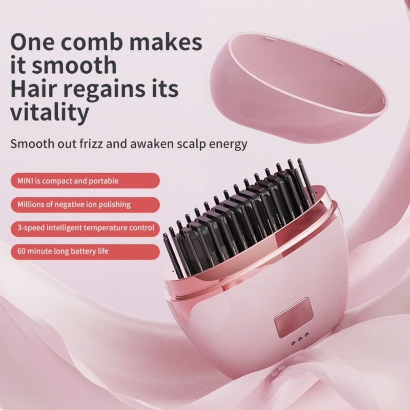Mini Wireless Negative Ion Hair Straightener Brush, Rechargeable Portable Constant-Temperature Hair Styling Comb for Travel—Pink