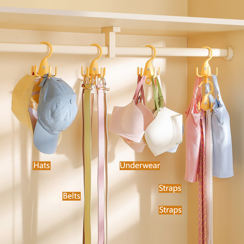 3-Pack - Cute Cartoon 5-Claw Rotating Hook, Multi-Purpose Closet Organizer Hanger for Hats, Bags, Belts, and Lingerie - Yellow
