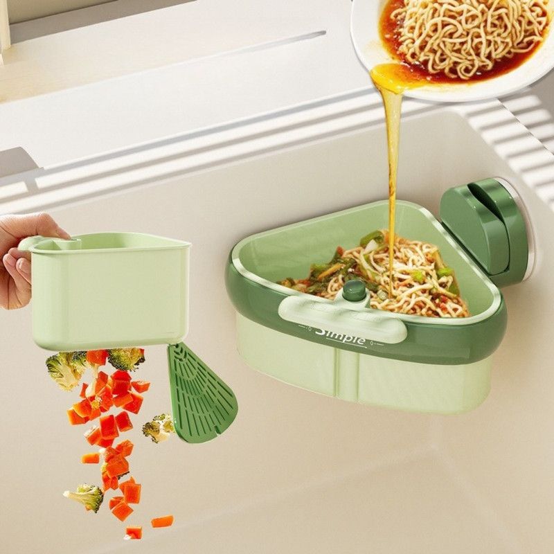 Suction Triangle Sink Drain Basket, Press-On Lid Kitchen Food Residue Filter, Detachable Sink Storage Rack—Green