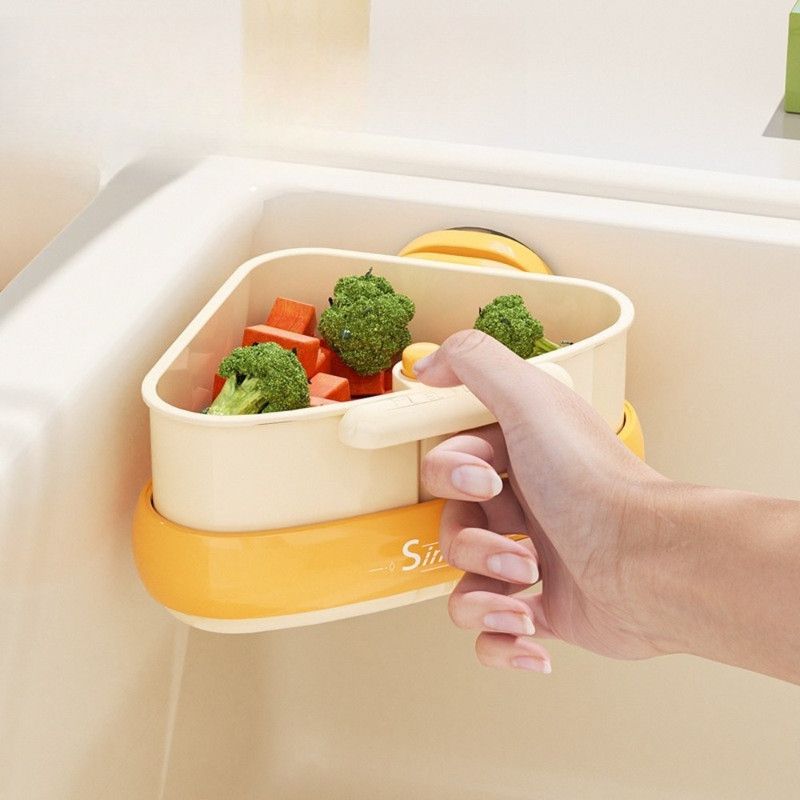 Suction Triangle Sink Drain Basket, Press-On Lid Kitchen Food Residue Filter, Detachable Sink Storage Rack—Green