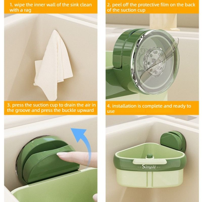 Suction Triangle Sink Drain Basket, Press-On Lid Kitchen Food Residue Filter, Detachable Sink Storage Rack—Green