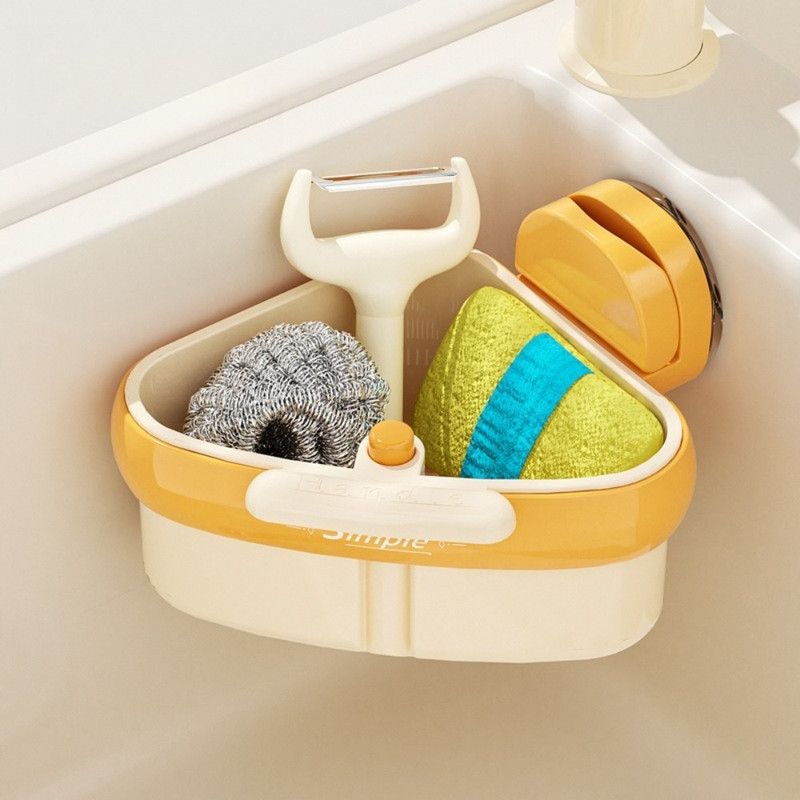 Suction Triangle Sink Drain Basket, Press-On Lid Kitchen Food Residue Filter, Detachable Sink Storage Rack—Orange