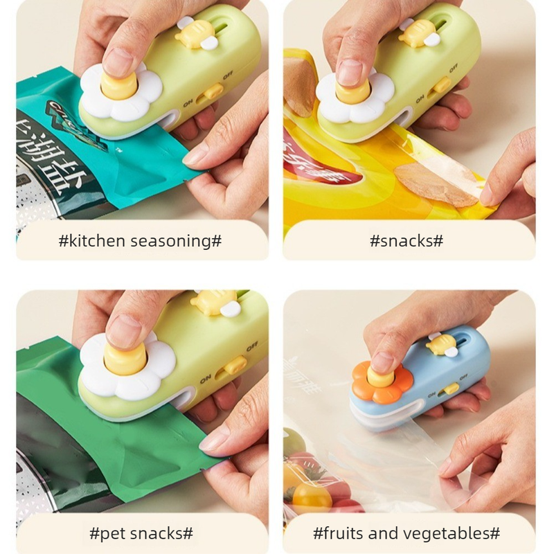 Flower Mini Magnetic Sealer, Handheld Rechargeable 2-in-1 Bag Sealing & Cutter Machine for Snack Packaging—Green