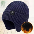 Men's Fleece-Lined Ear Protection Knit Beanie, Warm Thick Winter Hat for Dad or Grandpa - Navy Blue