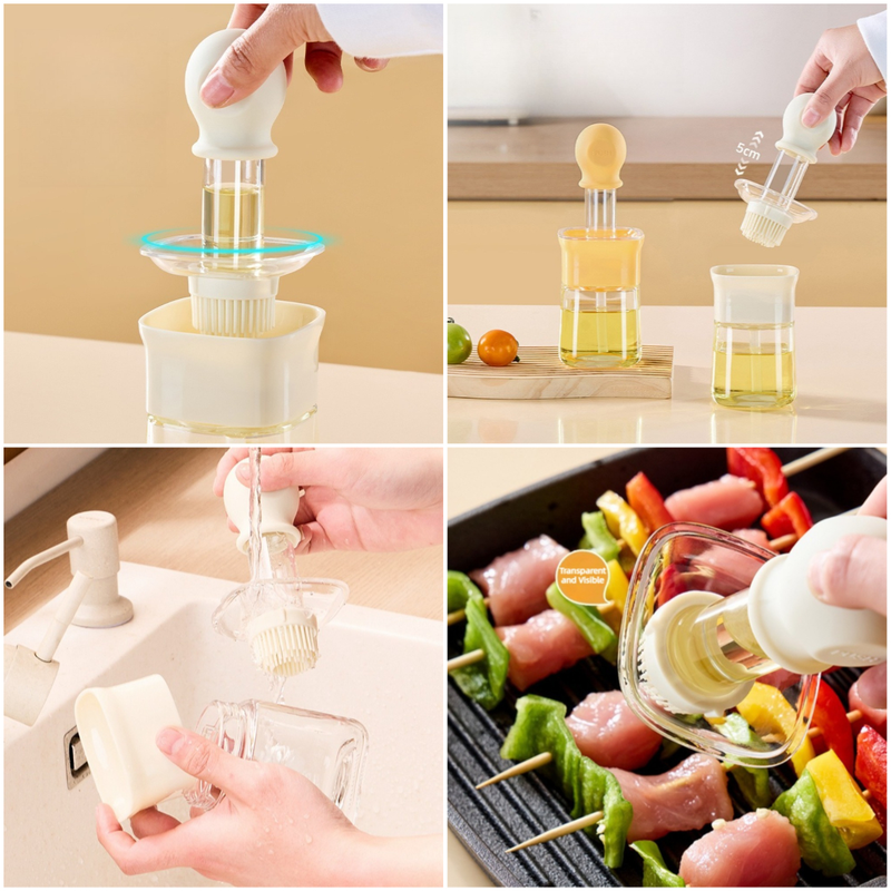 Integrated Oil Storage Silicone Oil Brush Bottle, Food-Grade Heat-Resistant Oil Dispensing Brush for Baking, BBQ—Yellow