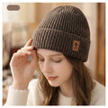 Double Fleece-Lined Vertical Stripe Knit Beanie, Unisex Thick Warm Winter Outdoor Cold-Proof Wool Hat - Brown