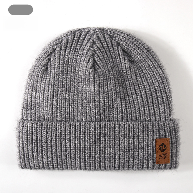 Double Fleece-Lined Vertical Stripe Knit Beanie, Unisex Thick Warm Winter Outdoor Cold-Proof Wool Hat—Gray