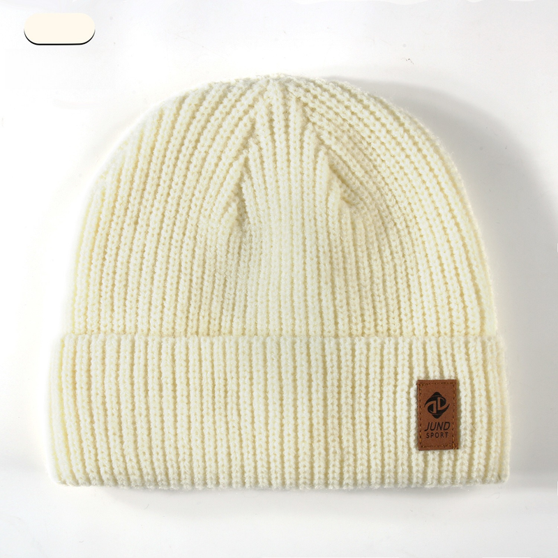 Double Fleece-Lined Vertical Stripe Knit Beanie, Unisex Thick Warm Winter Outdoor Cold-Proof Wool Hat - White