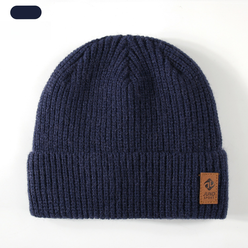 Double Fleece-Lined Vertical Stripe Knit Beanie, Unisex Thick Warm Winter Outdoor Cold-Proof Wool Hat - Navy Blue