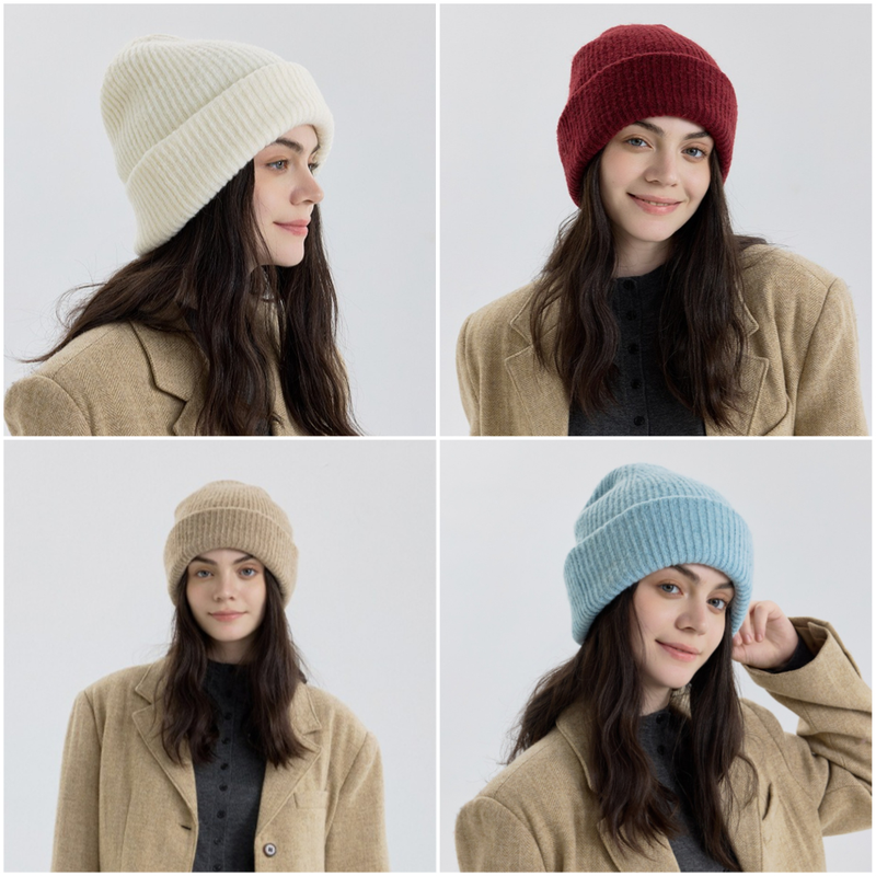 Solid Color Knit Beanie, Unisex Minimal Cuffed Warm Winter Hat with Slim Face Design - Blue