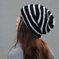 Vintage Stripe Fluffy Knit Beanie, Unisex Slouchy Warm Striped Winter Hat with Slim Face Design—Black