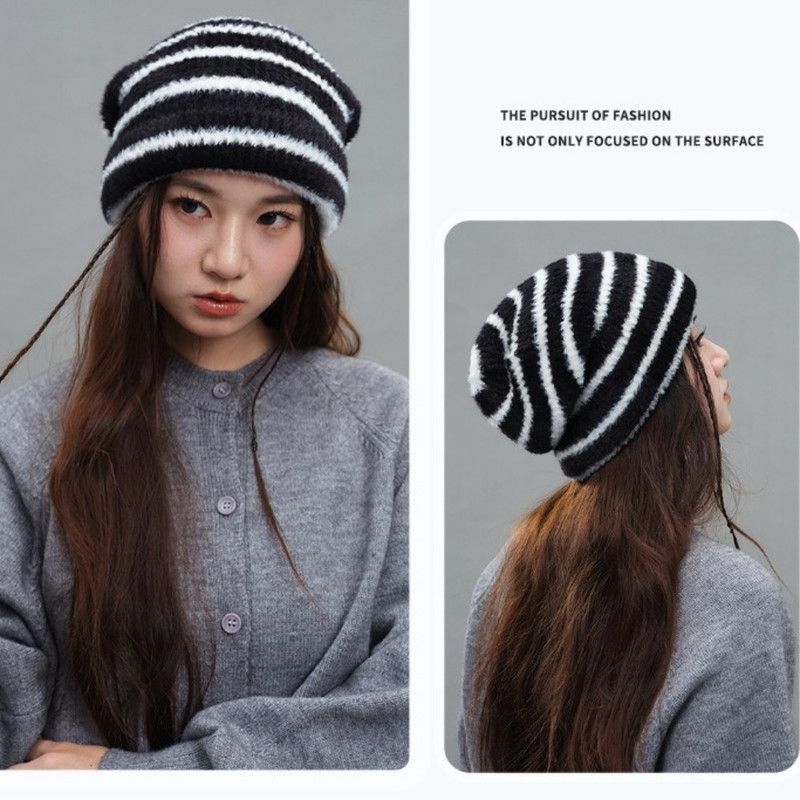 Vintage Stripe Fluffy Knit Beanie, Unisex Slouchy Warm Striped Winter Hat with Slim Face Design—Black