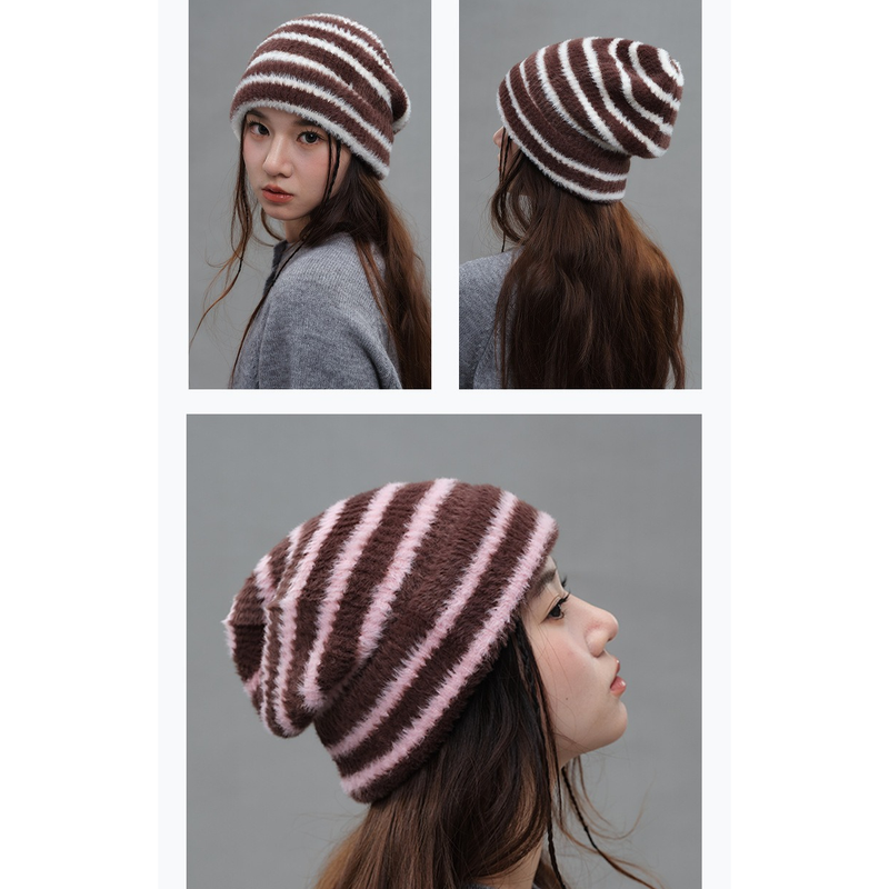 Vintage Stripe Fluffy Knit Beanie, Unisex Slouchy Warm Striped Winter Hat with Slim Face Design—Gray
