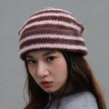 Vintage Stripe Fluffy Knit Beanie, Unisex Slouchy Warm Striped Winter Hat with Slim Face Design - Pink